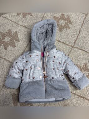 Grey Faux-Fur Hooded Heart Jacket 12M
